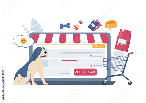 The concept of an online store of goods for animals. Dog, computer and various pet food and toys. Vector illustration.