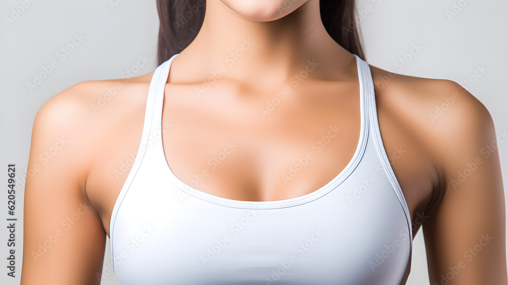 close up shot of fit woman wear gym clothes posing on soft background