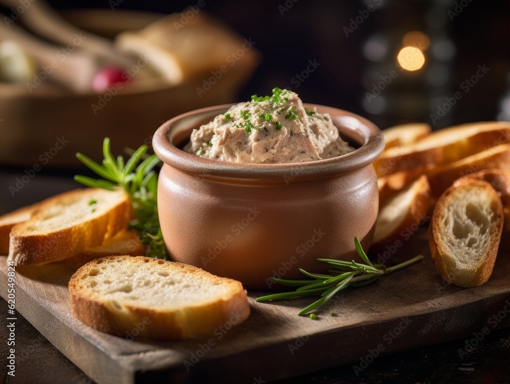 Rillettes presented in a rustic earthenware pot, garnished with fresh herbs and accompanied by crusty bread Rillettes presented in a rustic earthenware pot, garnished with fresh herbs and accompanied by crusty bread
