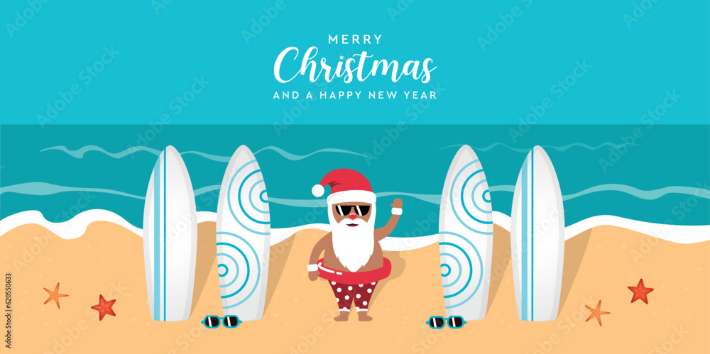 Fototapeta cute santa on the beach wit surfboards christmas holiday vector illustration EPS