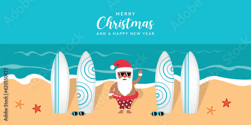 cute santa on the beach wit surfboards christmas holiday vector illustration EPS10