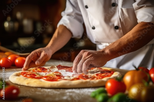 Taste of Italy. A pizzaiolo Chef from Napoles Showcasing a Delicious Piping Hot Pizza. Copy Space. Italian Gastronomy AI Generative 