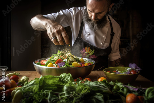 Salad Creation  Low-Angle Photo Captures a Chef Tossing Fresh Greens  Vegetables  and Tomatoes with Culinary Skill    