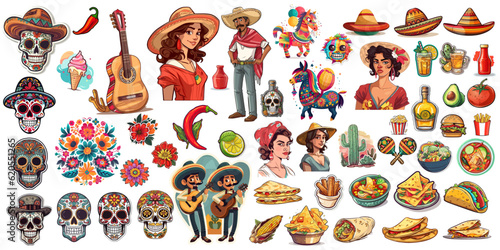 Mexico Icons Carnival, Cinco de Mayo, Mexican Cuisine, Traditional Holiday Fiesta, Food and Festival Symbols, Guitar, spice, burrito, taco, fast-food, character
