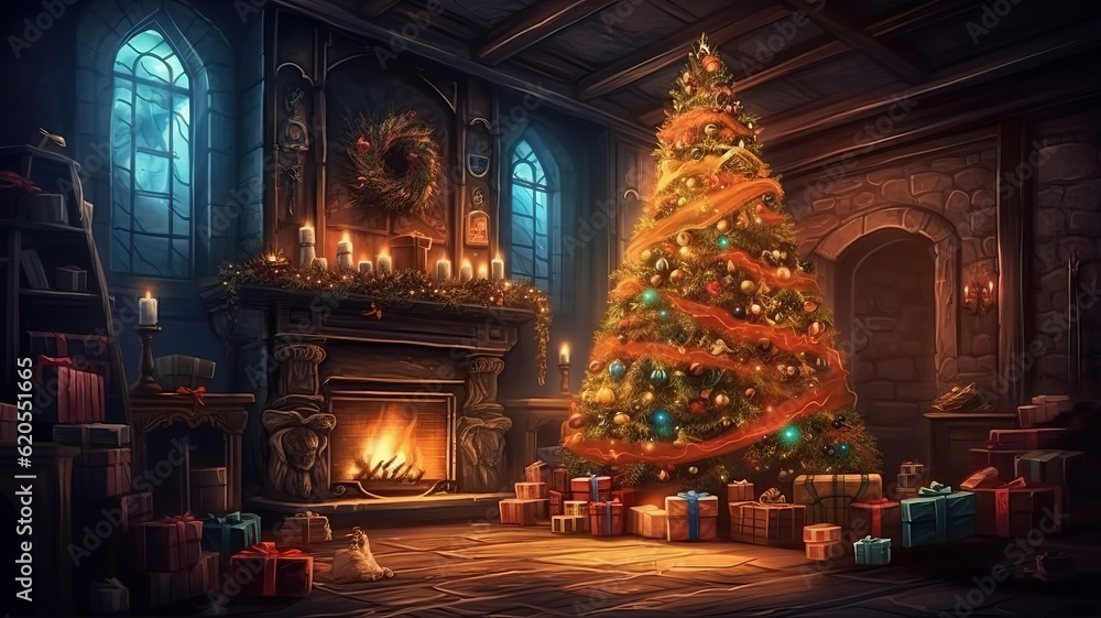 Christmas tree interior studio shot. Generative Ai