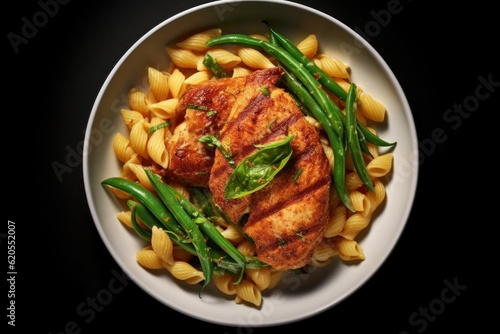 Escalope de Veau with a side of pasta and green beans, captured from above