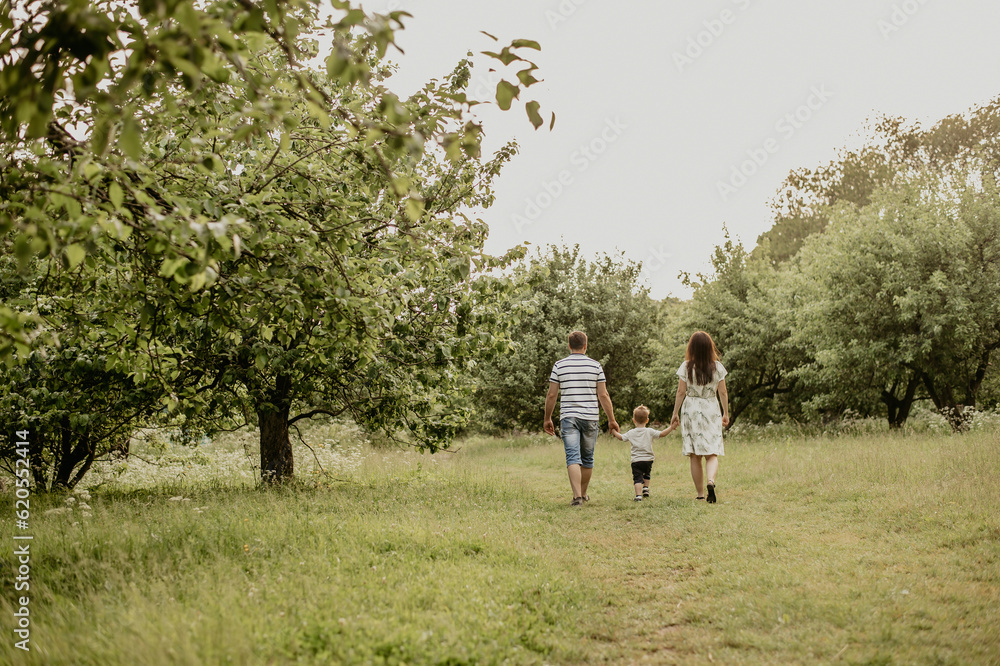 A happy family with a child walking in the park. Rear view: a young father holding the hand of his wife and young son. Family outdoor recreation A happy family with a child walking in the park. Rear view: a young father holding the hand of his wife and young son. Family outdoor recreation