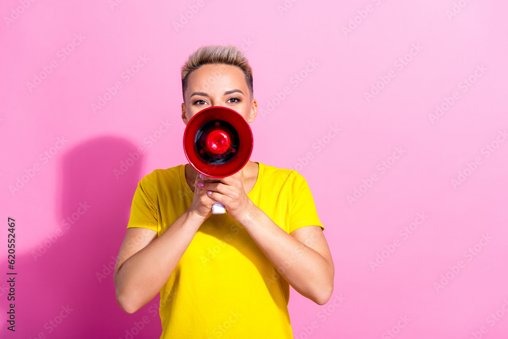 Fototapeta premium Portrait of pretty lady hands hold loudspeaker communicate empty space ad proposition isolated on pink color background