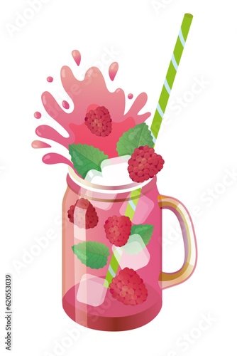 Red cocktail, rasberry mojito with mint leaf and ice cube