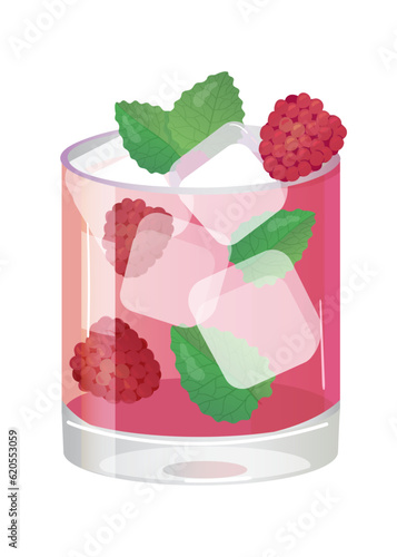 Red cocktail, rasberry mojito with mint leaf and ice cube.