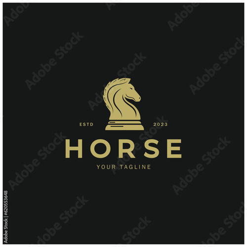 Chess strategy game logo with horse, king, pawn, minister and rook. Logo for chess tournament, chess team, chess championship, chess game application.