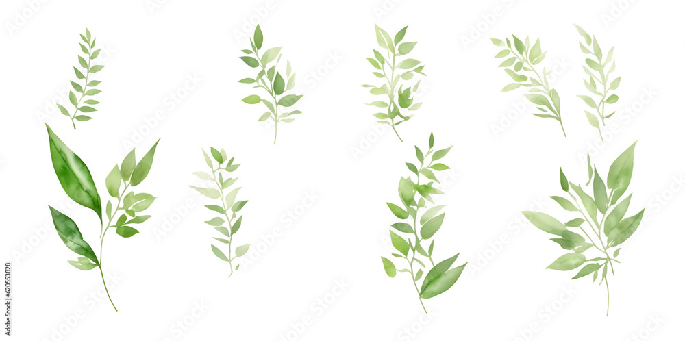 Set of watercolor green leaves elements on transparent background,generative ai Set of watercolor green leaves elements on transparent background,generative ai