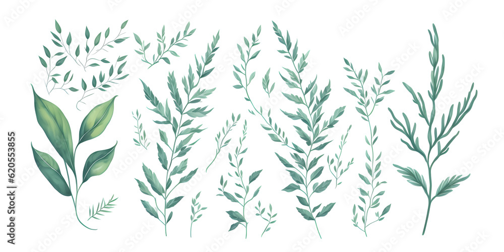 Set of watercolor green leaves elements on transparent background,generative ai Set of watercolor green leaves elements on transparent background,generative ai