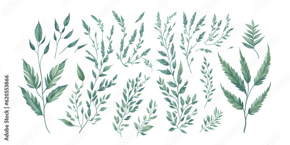 Set of watercolor green leaves elements on transparent background,generative ai