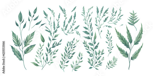 Set of watercolor green leaves elements on transparent background generative ai