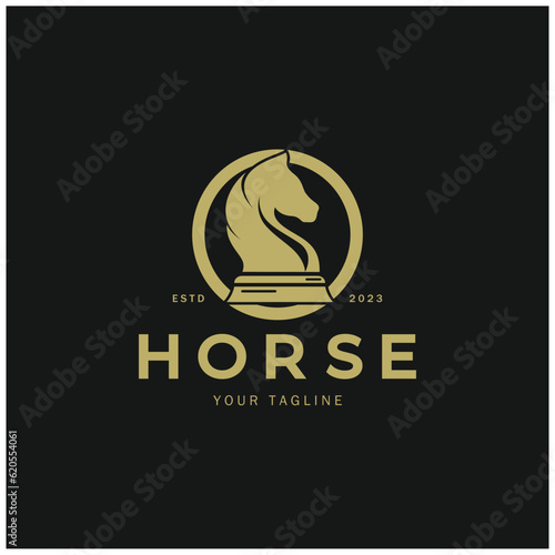 Chess strategy game logo with horse, king, pawn, minister and rook. Logo for chess tournament, chess team, chess championship, chess game application.