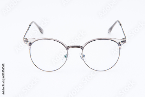 Fashion sunglasses silver frames on white background.