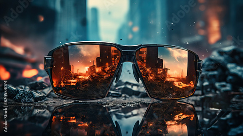 Fotografia Sunglasses on the floor of a city mirroring the destruction of the city Generati