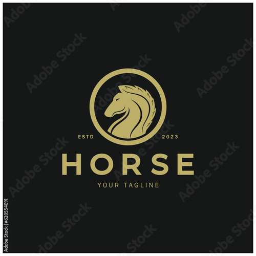 Chess strategy game logo with horse, king, pawn, minister and rook. Logo for chess tournament, chess team, chess championship, chess game application.