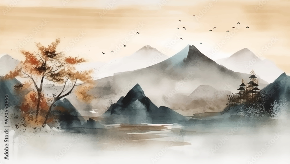 Fototapeta Abstract hand painted watercolour Japanese themed landscape background