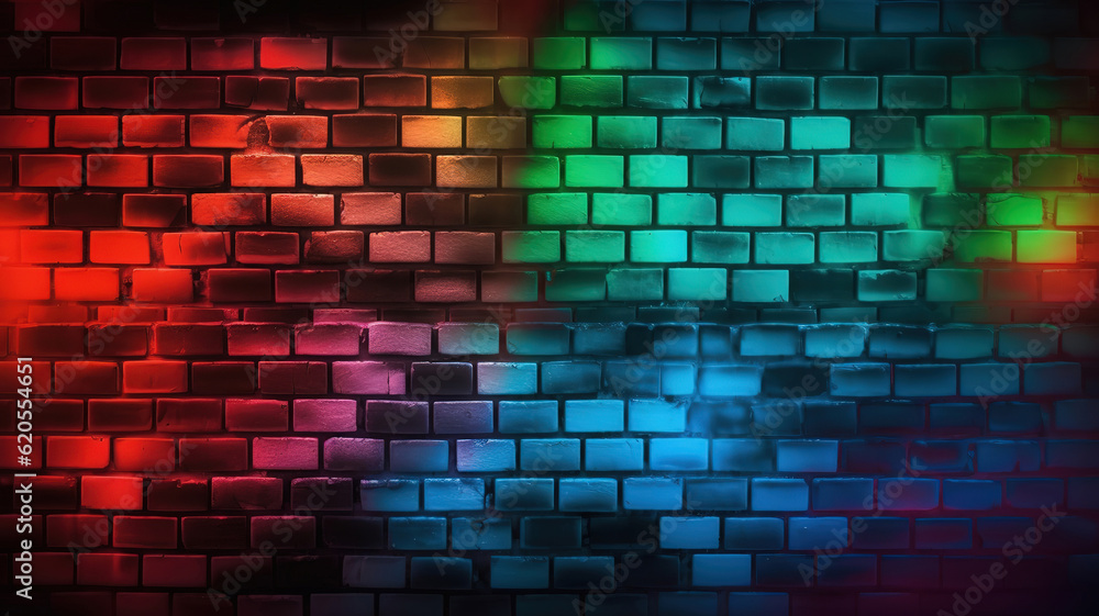 Modern futuristic neon lights on old grunge brick wall room background. Generative Ai Modern futuristic neon lights on old grunge brick wall room background. Generative Ai