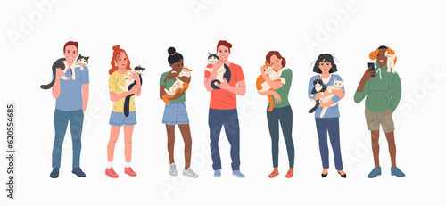 Different young women and men holds and hugs the cat. Vector flat style cartoon illustration
