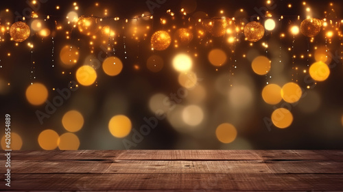 Christmas Bokeh Background  wooden background with bokeh. Generative Ai