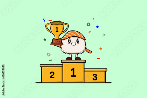 Cute Cartoon character illustration of Sushi is holding up the golden trophy in illustration