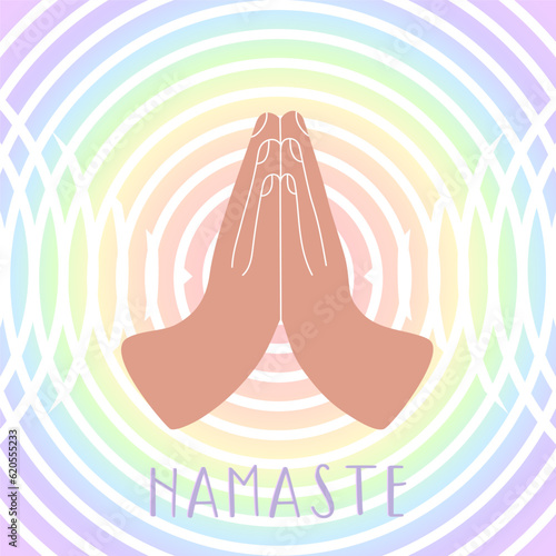 Hands in namaste gesture on colorful rainbow background with circles. Anjali mudra vector illustration