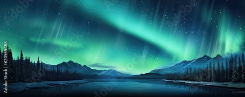 Green Aurora borealis at night over norway landscape and lake  night panorama. Generative Ai.