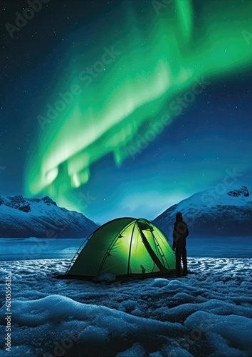 Green Aurora borealis at night with tent in iiceland nature, night. Generative Ai.