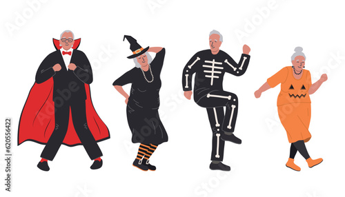 Halloween party. Senior people in Halloween costumes are dancing and having fun. Vector illustration
