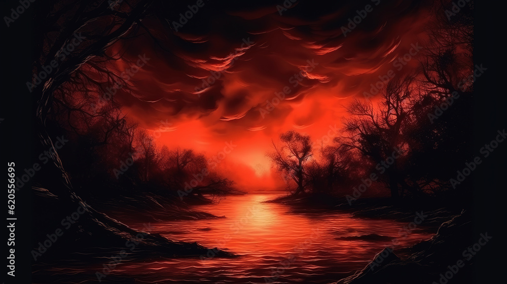 Red cloud black river dark water background . Generative Ai Red cloud black river dark water background . Generative Ai