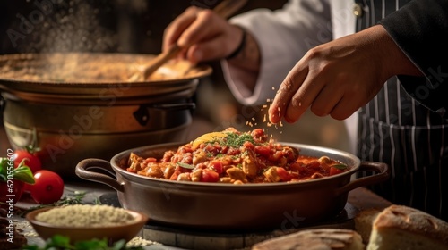 Cassoulet being served by a chef wearing a traditional French toque