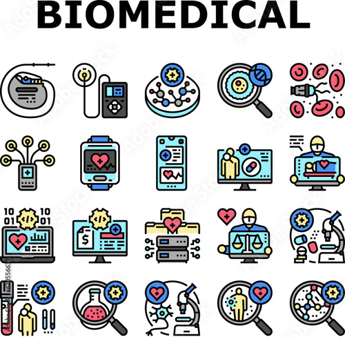 biomedical medical science icons set vector. technology research, medicine laboratory, biotechnology scientist, lab biology, test biomedical medical science color line illustrations