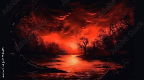 Red cloud black river dark water background . Generative Ai