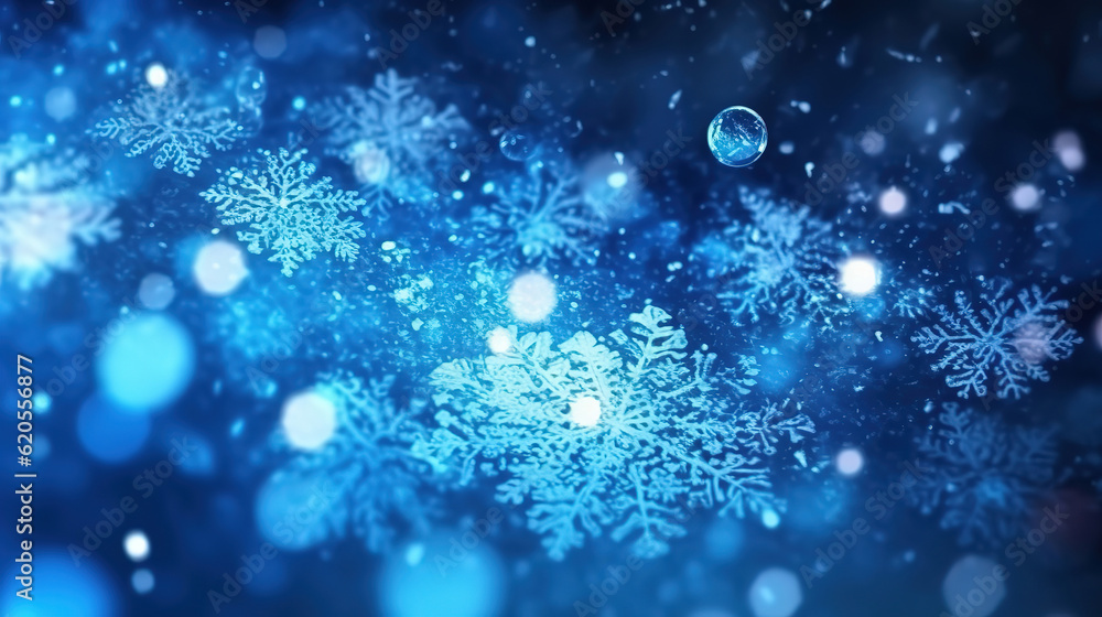 snow winter bokeh glow blue background for Christmas wallpaper. Generative Ai