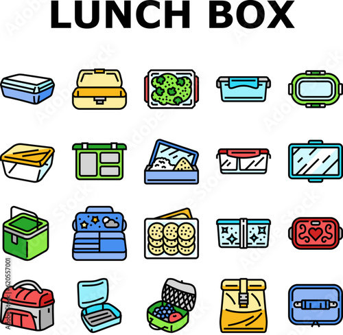 lunch box food school meal icons set vector. lunchbox healthy, snack sandwich, container fresh, apple fruit, plastic nutrition lunch box food school meal color line illustrations