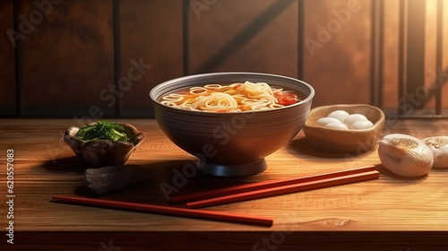 wood table  noodle ramen udon cooking background. Generative Ai