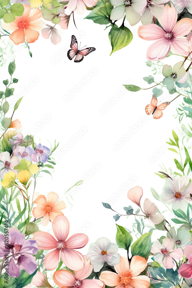Botanical Beauty, Artistic Spring Flowers and Leaves Border in Soft Pastel Watercolor Palette Designs  ,Elegant Card Invitations Template on Blank Background