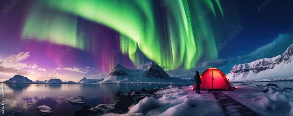 Green Aurora borealis at night with tent in iiceland nature, night, panorama. Generative Ai.