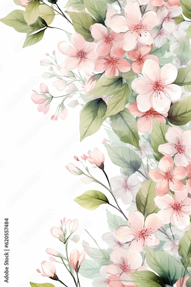 Fototapeta premium Botanical Beauty, Artistic Spring Flowers and Leaves Border in Soft Pastel Watercolor Palette Designs ,Elegant Card Invitations Template on Blank Background