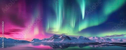 Green and pink Aurora borealis at night over iceland lake  night panorama. Generative Ai.