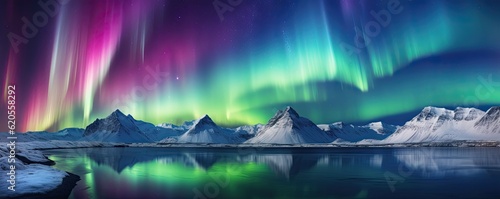 Green and pink Aurora borealis at night over iceland lake, night panorama. Generative Ai. © annamaria