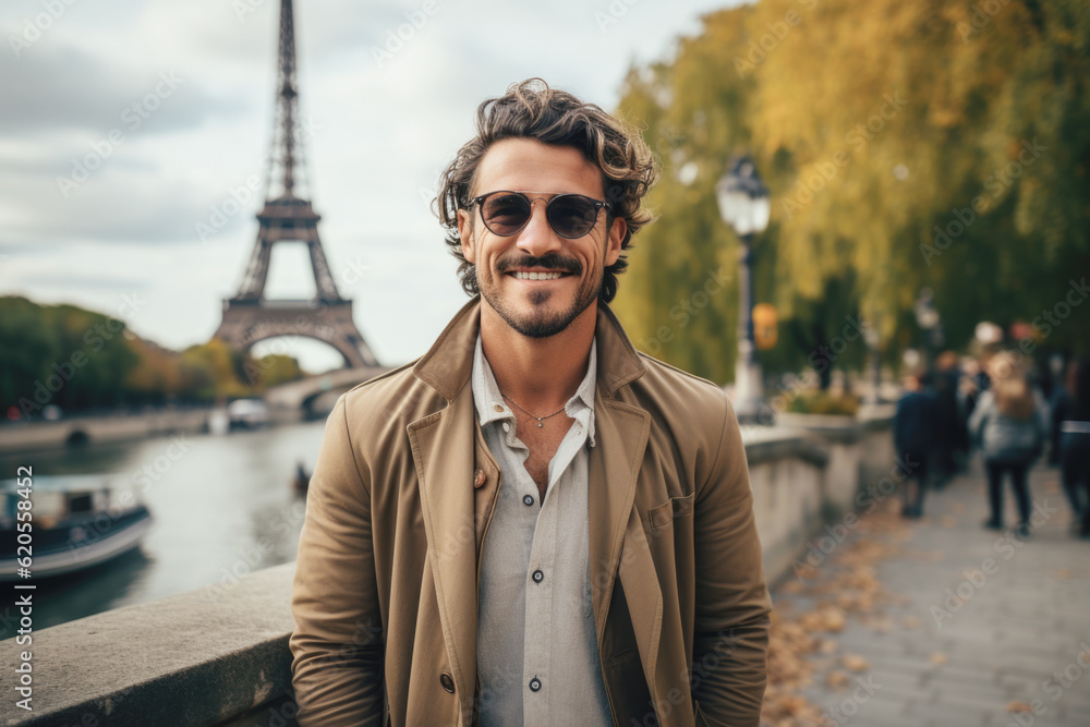 Portrait of a attractive smiling man standing on the street of Paris