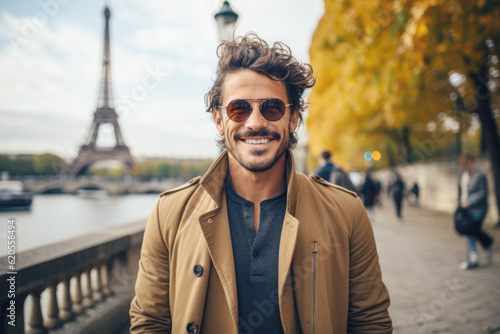 Portrait of a attractive smiling man standing on the street of Paris