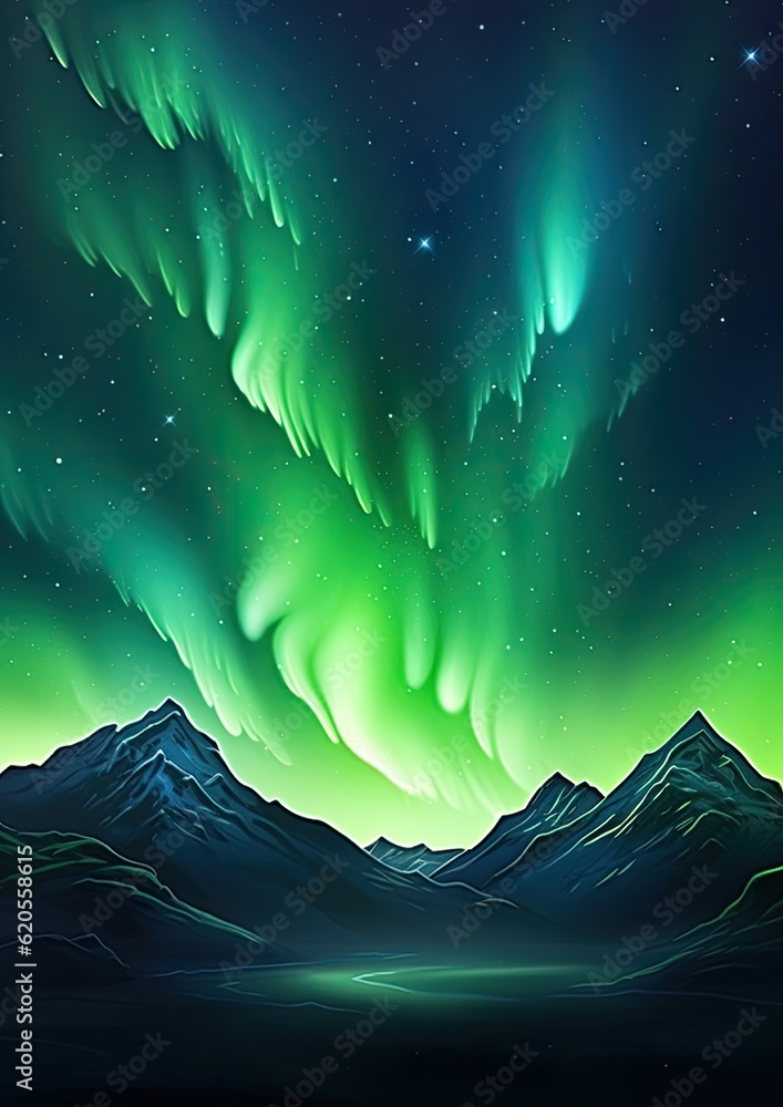 Green Aurora borealis at night over norway landscape and lake, night. Generative Ai.