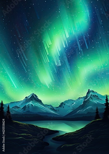 Green Aurora borealis at night over norway landscape and lake, night. Generative Ai. © annamaria