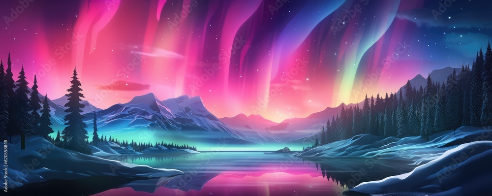 Fototapeta premium Multicolor Aurora borealis at night over mountains on iceland nature, panorama. Generative Ai.