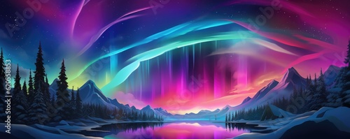 Multicolor Aurora borealis at night over mountains on iceland nature, panorama. Generative Ai. © annamaria